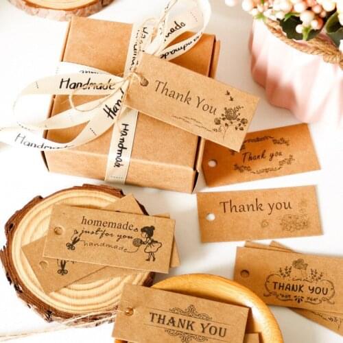 WhatIlife 50Pcs Retro Brown Handmade 'Thank You' Needlework Sewing Tags For Clothes Souvenir Gift Boxs Decorative Paper Labels