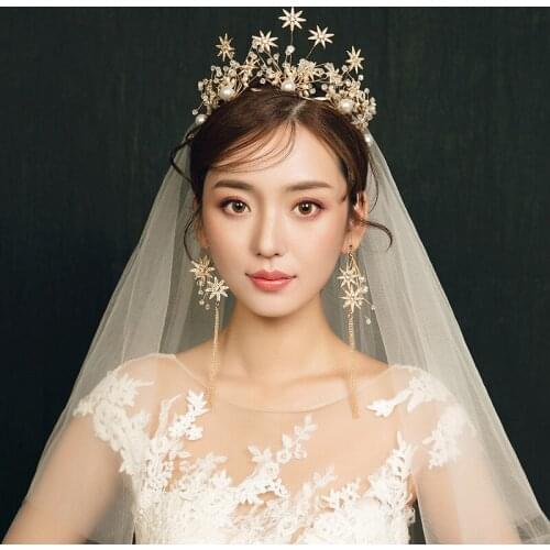 Pearl Beads Rhinestone Wedding Crowns Crystal Bridal Tiaras Headband Pageant Diadem Earrings Hair Jewelry Sets Hair Accessories