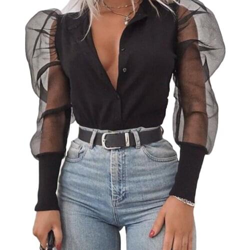 Women Blouse Spring Deep V Neck Long Puff Sleeve Shirts Stylish Sexy Stand Collar Solid Color Buttons Down Blouses