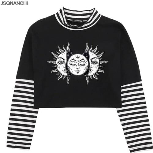 New Harajuku Womens Solar Eclipse Sun And Moon T-Shirt Vintage Aesthetic Tee Hipsters Gothic Clothing Striped Fake Two Pieces