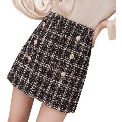 Small Fragrance Woolen Mini Skirt 2019 Winter Women Vintage Plaid Gold Double-Breasted Tweed A-Line Skirt High Waist Femininas