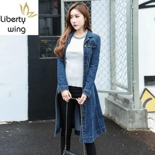 Women Windbreaker Slim Fit Spring New Casual Boyfriend Long Coat OL Style Belt Frayed Blue Denim Trench Female M-XL