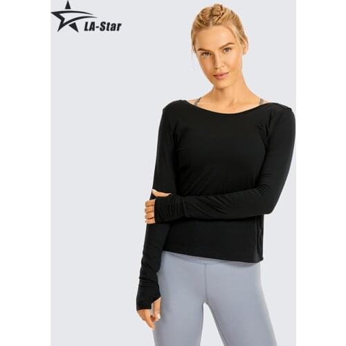 Womens Pima Cotton Open Back Long Sleeve Workout Shirts Criss Cross Yoga Sports Tops with Thumb Hole