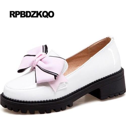 Ladies Patent Leather Japanese School Slip On White Women Round Toe 2018 Kawaii Loafers Elevator Low Heel Bow Cheap Shoes China
