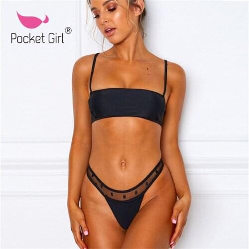 Pocket Girl 2020 Brazilian Bikini Women Swimwear Female Swimsuit Two-pieces Mesh Bikini Set Lace Up Bather Bandeau Bathing Suit