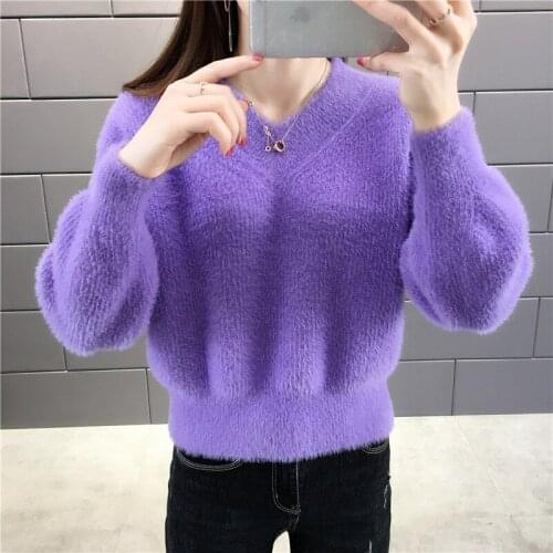 Mink fleece sweater womens short V-neck knitted pullover 2019 new loose foreign candy color fashion thread sweaters D269