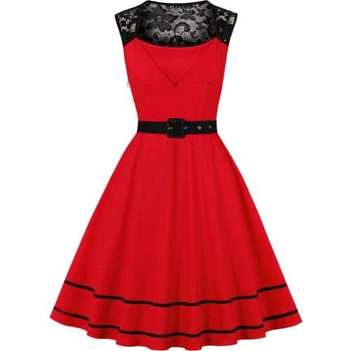 Sundress Red Elegant Contrast Lace Sleeveless A-Line Rockabilly Vintage Dresses with Belt Women Cotton 2021 Evening Party Wear