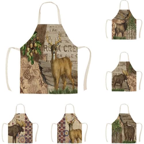 1Pcs Kitchen Antique Elk and Brown Bear Design Sleeveless Cotton Linen Aprons for Men Women Home Cleaning Tools WQ278