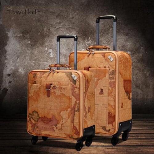 100% Retro Map PU Leather Rolling Luggage Spinner Men Business Suitcase Wheels 16 inch Women Cabin Password Travel Bags Trelloy