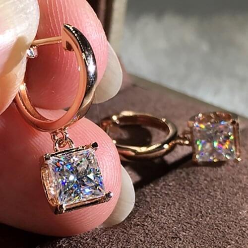 14K Rose Gold Women Drop Clip Hoop Earrings Moissanite Diamonds 4ct Princess Square Wedding Party Engagement Anniversary Present