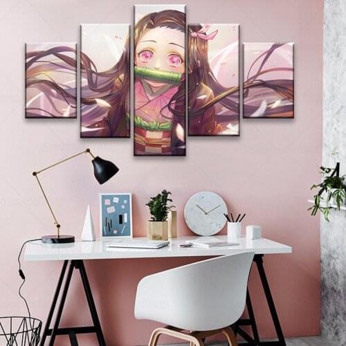 5 Panels HD Anime Girl Picture Kamado Nezuko Demon Slayer Kimetsu No Yaiba Poster Animation Art Wall Decor Paintings