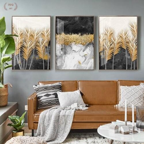 Abstract black and white golden plant Wall art canvas painting Pictures for Living Room Nordic Decoration morden home decor