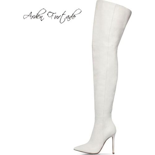 Arden Furtado Fashion Womens Shoes Winter Pointed Toe Stilettos Heels Zipper Sexy Elegant Ladies Boots White over the knee boot
