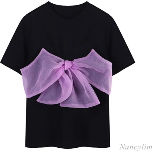 Bow T-Shirts for Women Loose-Fitting Pure Cotton Short Sleeves Tshirt Female 2021 Summer Clothing New All-Match Tops Tees