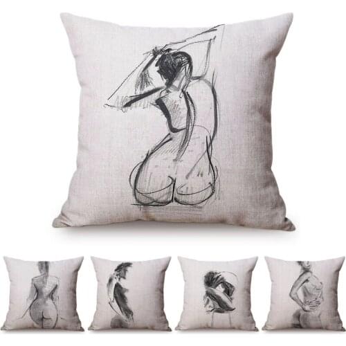 Black and White Sexy Woman Sketch Painting Art Decorative Throw Pillow Case Senior Restaurant Museum Gallery Sofa Cushion Cover