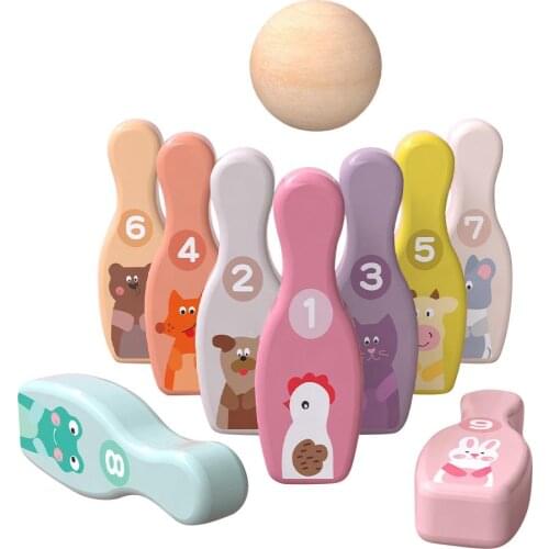 Kids Wooden Cartoon Animal Bowling Pins Balls Sport Toy Indoor Interactive Game