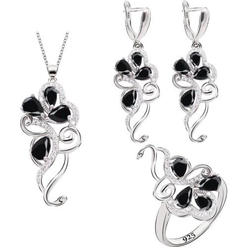 Classic Black White Green Zircon Silver Color Jewelry Sets for Women Gift Earrings Necklace Pendant Ring