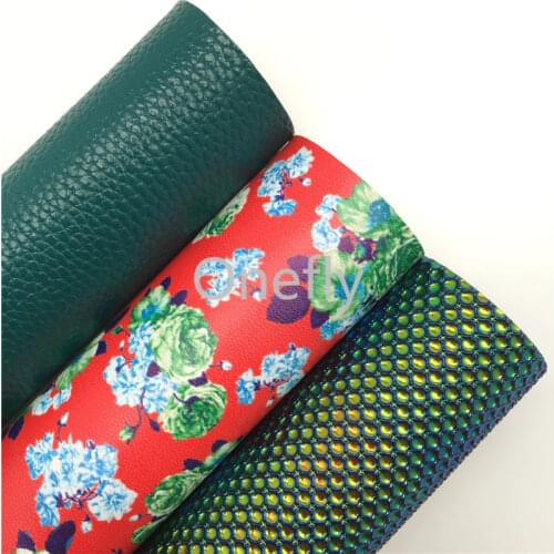 Onefly 21X29CM Flowers Printed Leather Fabric, Green Solid Synthetic Leather Sheets For Bow DIY handbags shoes AQ047