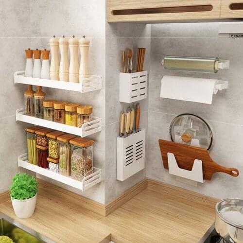 Kitchen Storage Rack Punch-free Wall Mounted Seasoning Bottle Holder Portable Chopstick Knife Shelf for Home Kitchen Organizer