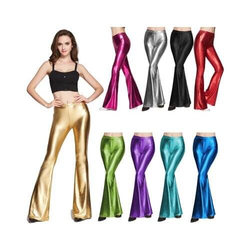 Faux leather leggings women PU leather bell-bottom pants high elastic shiny casual stretch flared trousers