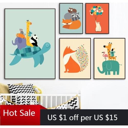 Cute Koala Sloth Fox Elephant Raccoon Canvas Painting Posters Nordic Prints Cartoon Wall Art Decor Pictures Kids Room Decor