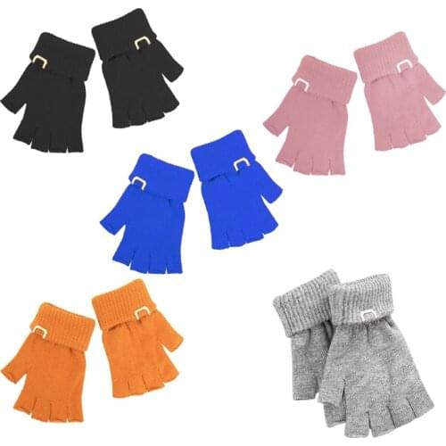 Men Women Winter Knitted Half Finger Gloves Geometric Metal Logo Simple Solid Color Harajuku Stretchy Fingerless Wrist Length M