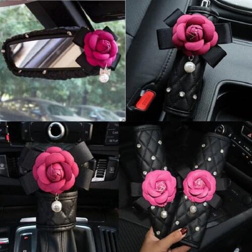 Daisy Flower Car Seat Belt Cover Handbrake Grip Shifter Cover Set Rhinestone Auto Interior Styling Accessories for Women Girl
