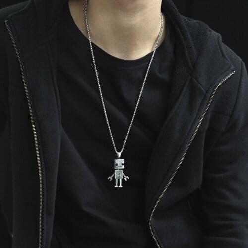 European Fashion Punk Cube Movable Robot Charm Pendant Stainless Steel Necklace Sweater Chain For Girl Boy Unisex Jewelry Gift
