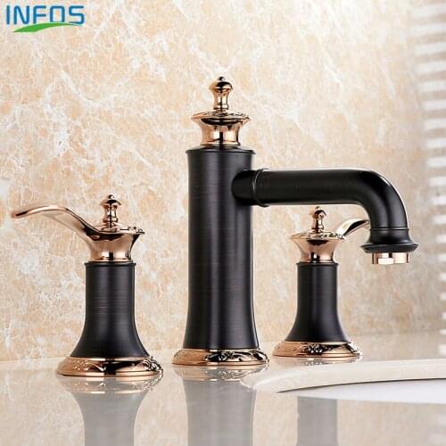 INFOS Black Luxury Basin Faucet Mixer Brass Bathroom Sink Water Tap Dual Handles Hot and Cold Deck Mounted IFC201
