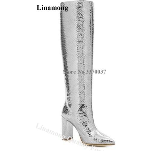 Linamong Bling Bling Pointed Toe Chunky Heel Knee High Boots Slip-on Silver Gold Thick High Heel Boots Wedding Dress Shoes Boots