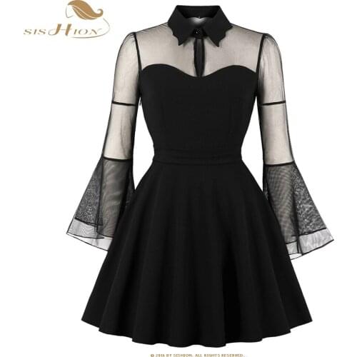 SISHION 2021 Flare Sleeve Women Halloween Dress VD1563 Sexy Mesh Vestidos Transparent Party Red Black Dress Gothic Plus Size