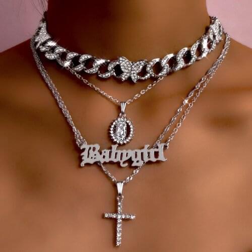 Bling Rhinestone Cuban Link Butterfly Chain Necklace for Women Multi-layer Golden Letter Cross Pendant Necklace Hip Hop Jewelry