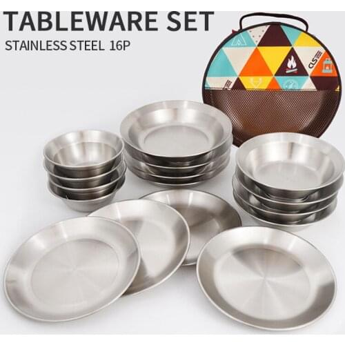 Outdoor Stainless Steel Dinner Plate Bowl 16-piece Camping Tableware Self-driving Tour Portable BBQ Household Soup Bowl Plate