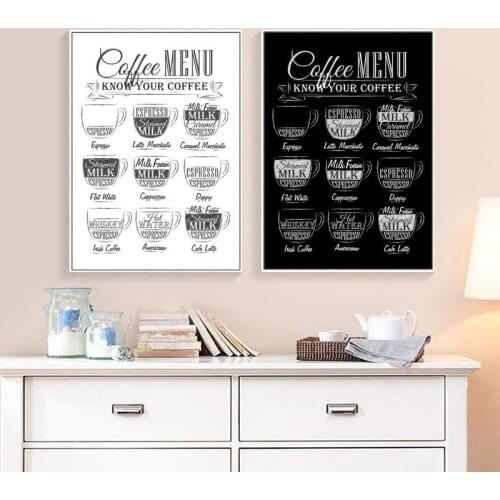 Vintage Coffee Menu Wall Picture Art Print Black and White Canvas Painting Kitchen Cafe Shop Poster Coffee Corner Wall Art Decor