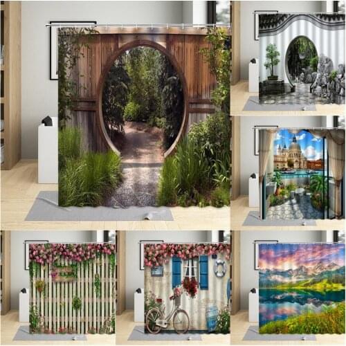 Chinese Style Shower Curtain Vintage Wood Board Garden Building Green Plant Bamboo Pattern Bathroom Decor Polyester Curtain Set