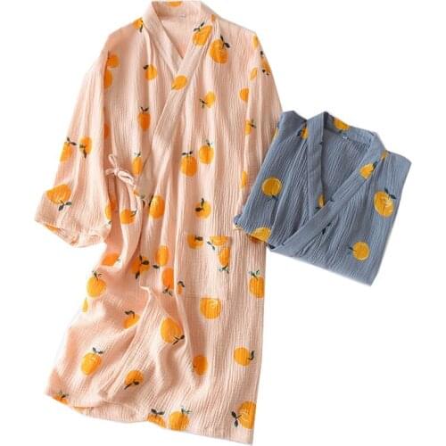 Spring New Ladies Soft Gauze Cotton Nightgown Cartoon Fruits Printed Full Sleeve Kinomo Style Homewear Girls V-Neck Robe & Dress