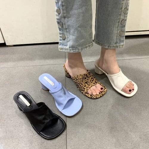 2021 New Brand Designer Square Toe Mules Heels Slippers Sandals Women Solid High Heels Women Slides Ladies Party Sandals Shoes