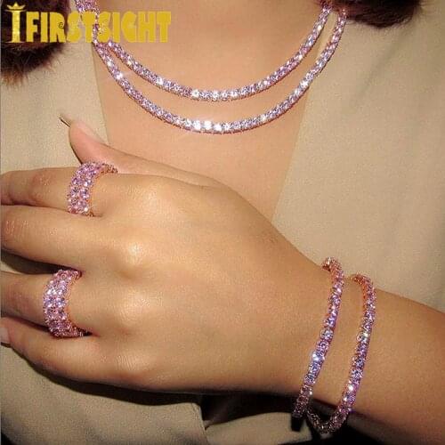 New 5mm Rose Gold Cluster Round Pink CZ Ziron Tennis Bracelets&Anklet Hip Hop Bling Iced Out CZ Necklace& Ring Women Jewelry Set