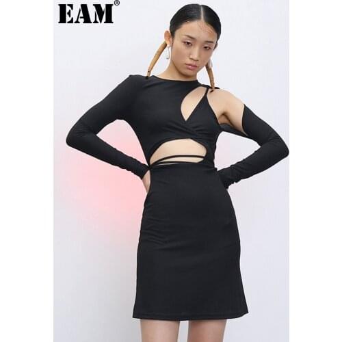 [EAM] Women Black Hollow Out Bandage Temperament Dress New Round Neck long Sleeve Loose Fit Fashion Spring Summer 2021 1T910