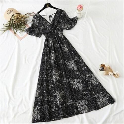 Summer Chiffon Long Dress Big Size Floral Sexy V-neck Ruffle Boho Dresses Elegant Women Party Short sleeve Dress Vestidos 94