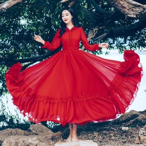 Red White 2019 Autumn Vintage Hooded Dress Tunic Maxi Beach Party Dress Women Long Sleeve A-line Lace Dresses Vestidos De Festa