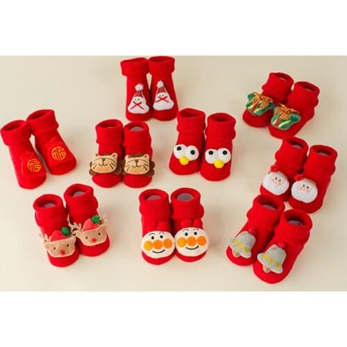 2Pairs New Years Socks Warm Christmas Baby Socks Autumn Winter Absorb Sweat Permeability Socks Cotton Cartoon Jacquard Socks