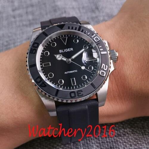 40mm Bliger Black Dial Sapphire Glass Brushed Ceramic Bezel Date Luminous Hands Miyota 8215 Automatic Movement Mens Watch