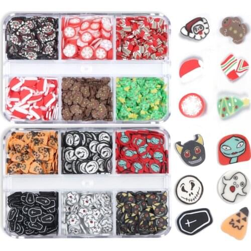 6 Grids Christmas Halloween Day Nail Art Decoration Love Candy Soft Pottery 3D Nail Charms Supplies Manicure Accessories