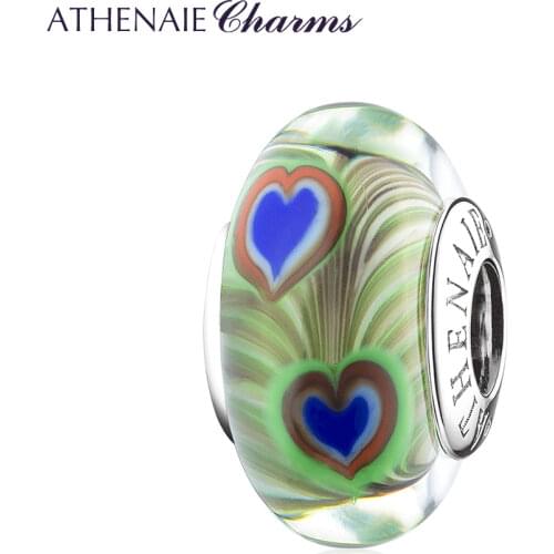 ATHENAIE 925 Sterling Silver Green Lucky Peacock Feather Charms Murano Glass Beads fit Bracelets DIY Charms for Birthday Gift