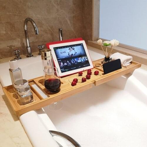 Bath Bamboo Sink Rack Bathtub Wind Rack Mobilephone Tablet Computer Rack Shower Bar Storage Shelf Tray Retractable Bath Bracket