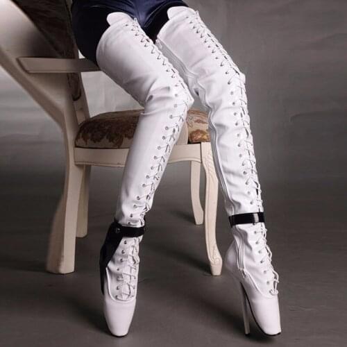 White 18Cm High Heel Thigh High Boots Women Ballet Heels Black Sexy Fetish Booties For Women Crotch Boots 7 Inch Heel