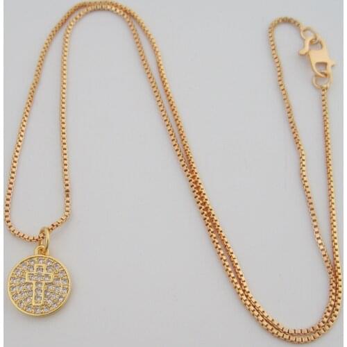 Foromance - YELLOW GOLD GP 18" BOX LINK CHAIN NECKLACE & CHRISTIAN JESUS CROSS ROUND CIRCLE PENDANT DIAMETER 11MM 0.43 inch