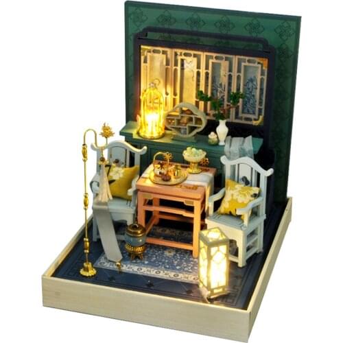DIY Wooden Dollhouse Miniature Furniture Kit Assembly Creative Chinese Style Scene House Living Room with LED Light and