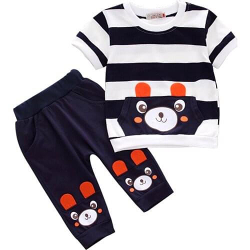 Baby clothes summer short-sleeved suit boys and girls cartoon cute bear clothes casual striped printing baby two-piece suit